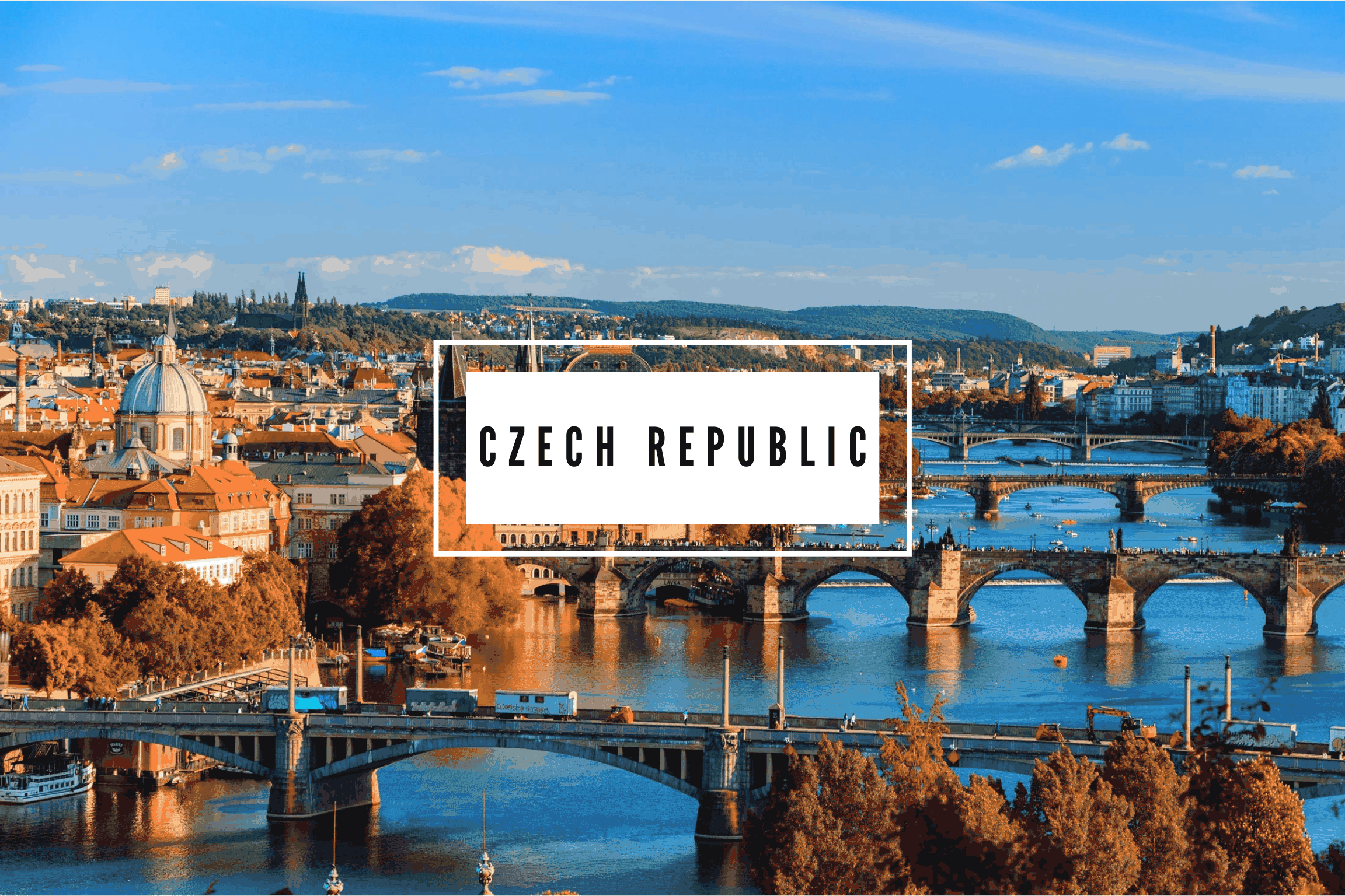 Prague, Czechia with the word "Czech Republic" in a white box