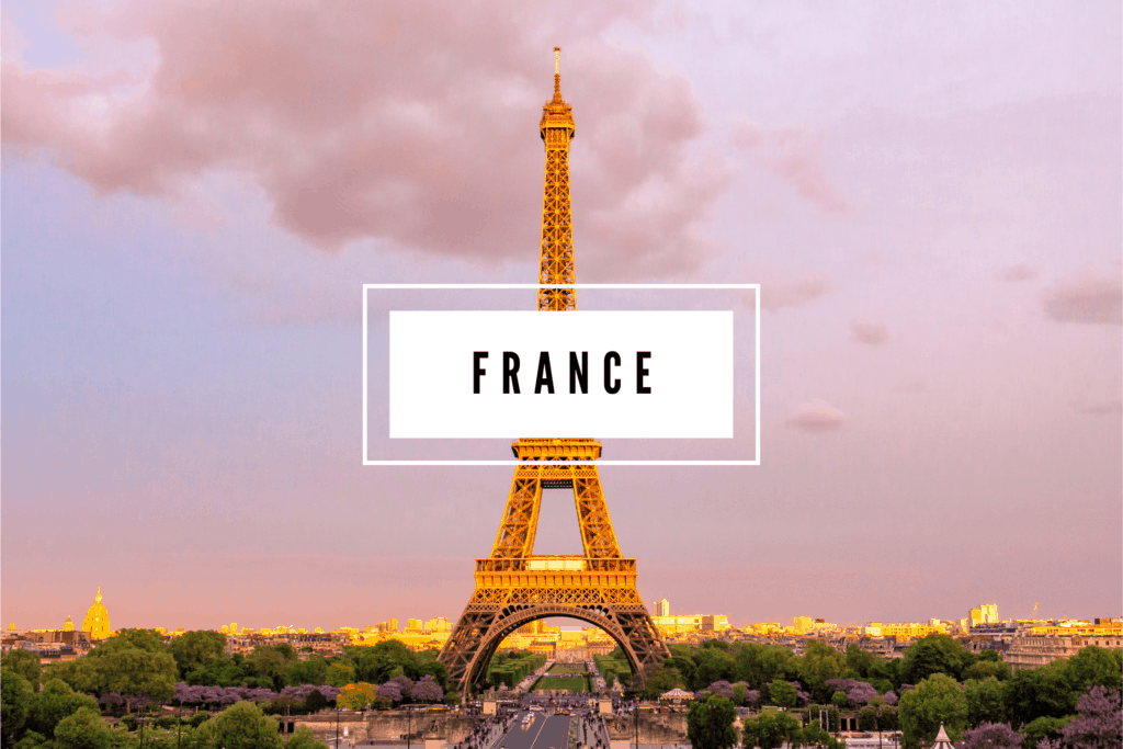 Eiffel Tower in Paris, France with the word "France" in a white box