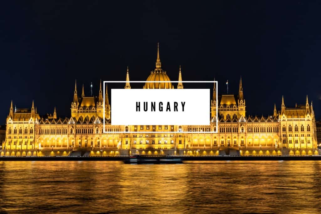 Budapest, Hungary with the word "Hungary" in a white box