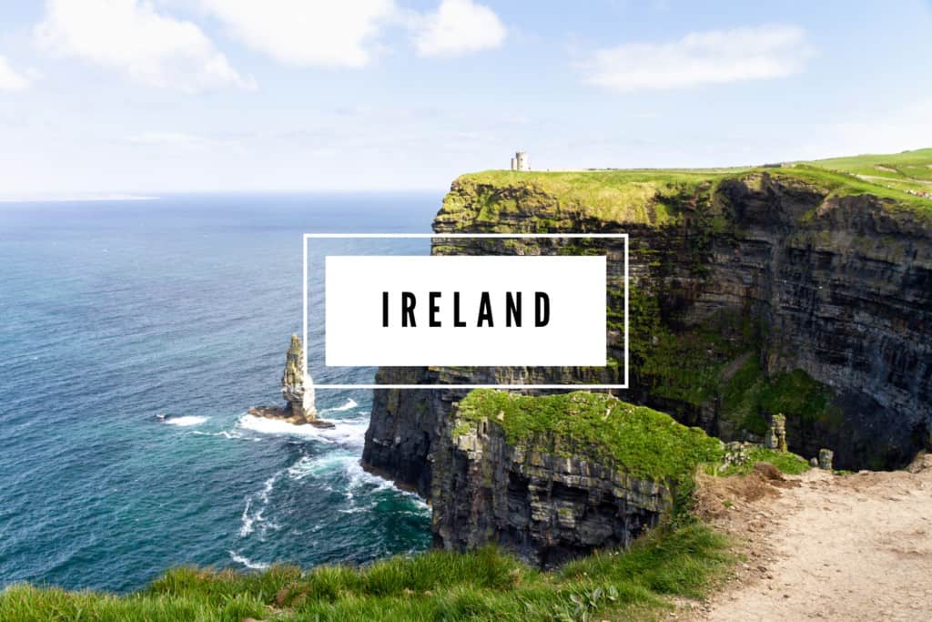 Cliffs of Moher in Ireland with the word "Ireland" in a white box