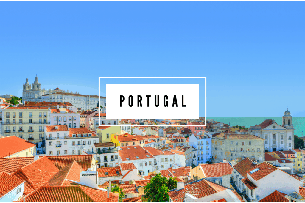 Rooftops of Lisbon with the word "Portugal" in a white box
