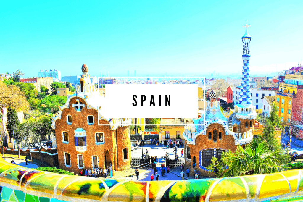 Park Guell in Barcelona with the word "Spain" in a white box