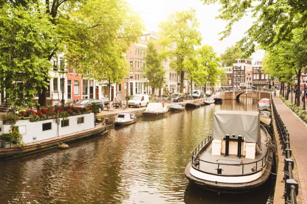 Sepia-toned photo of a canal in Amsterdam with full trees on either side