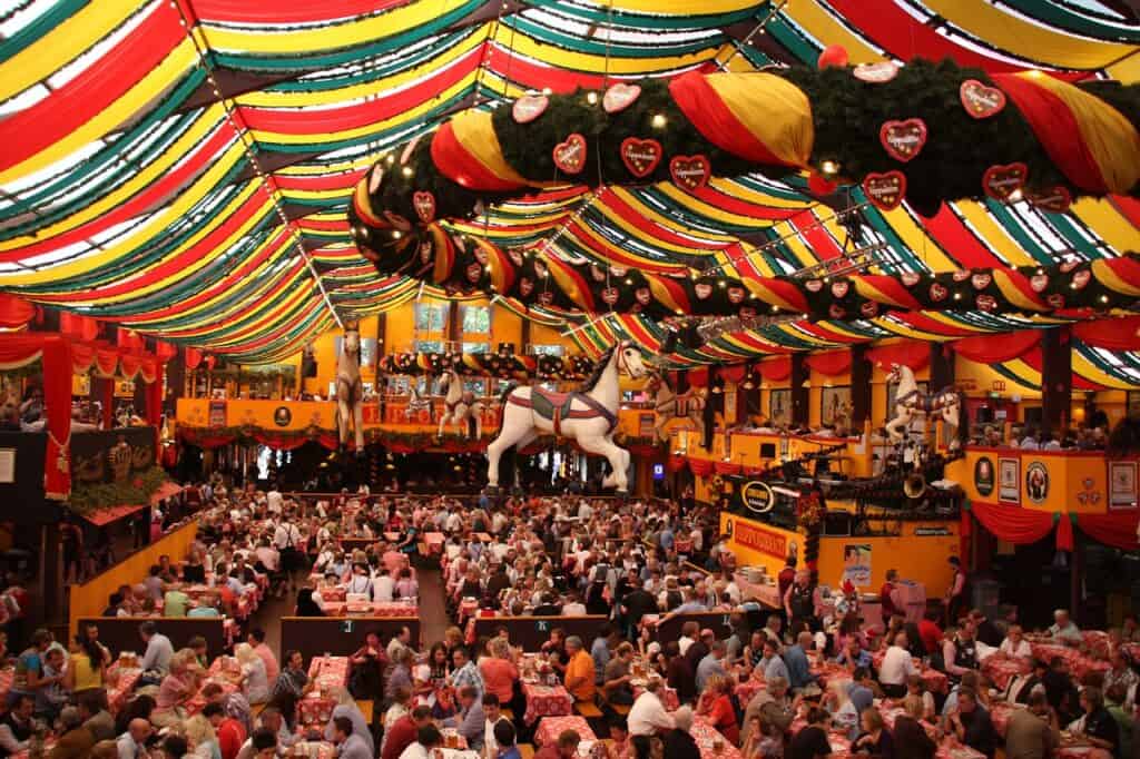 Crowded colorful tent at Oktoberfest in Munich
