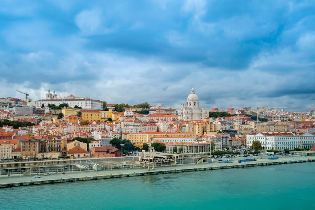 View of Lisbon from the river on a cloudy day