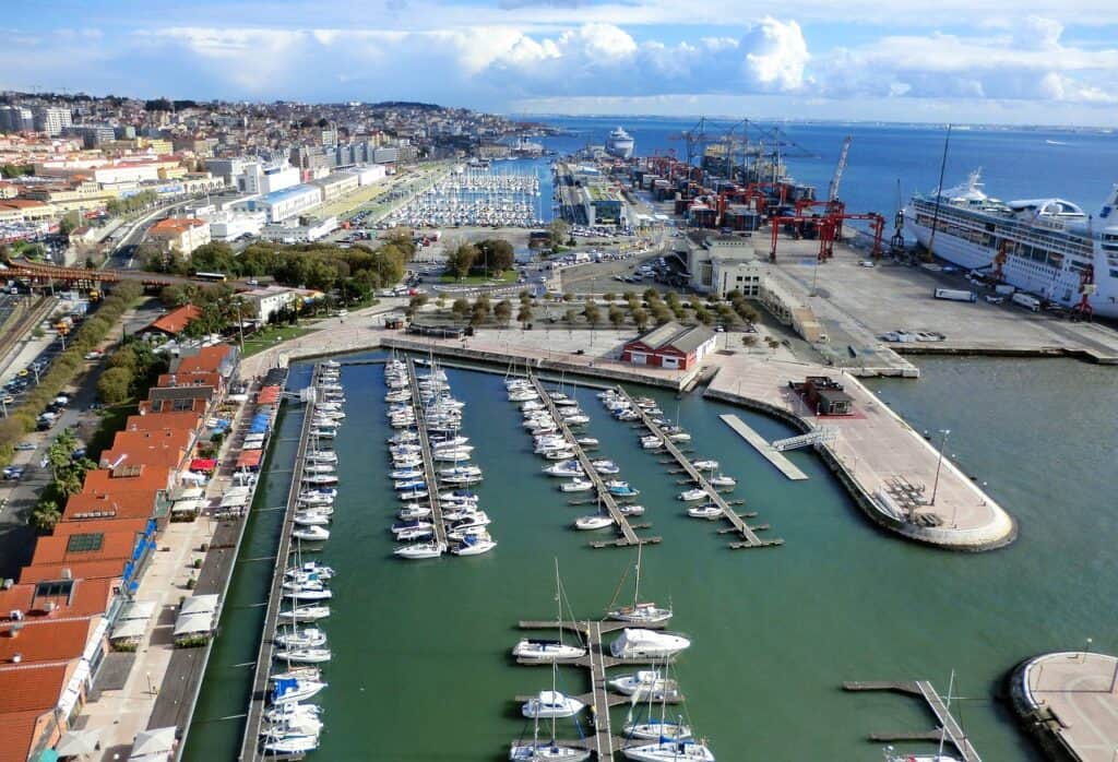 Aerial view of a large boat harbor and port