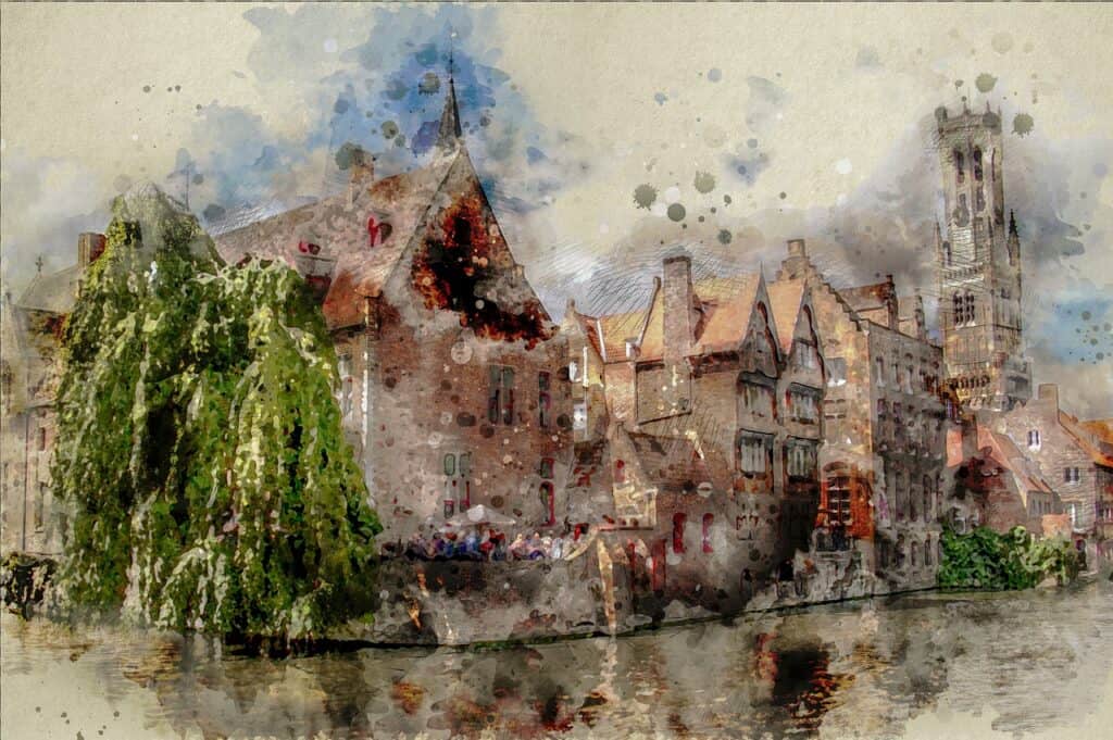 A piece of Flemish artwork of the Rosary Quay in Bruges, Belgium