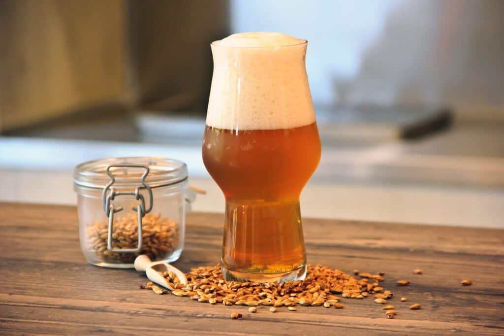 Beer next to beer ingredients on a wooden table