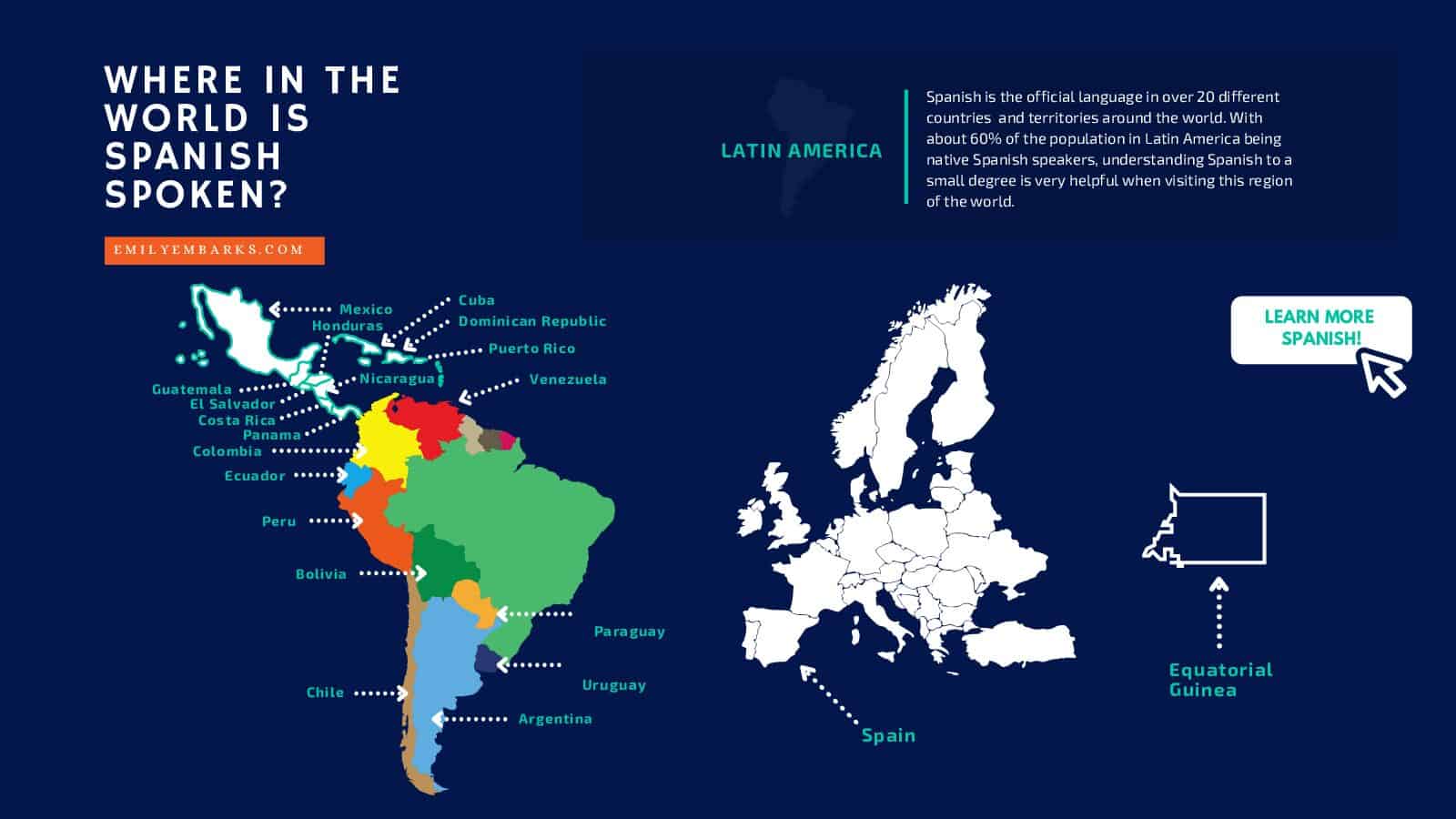 "Where in the world is Spanish spoken?" map of South America, Europe, and Equatorial Guinea