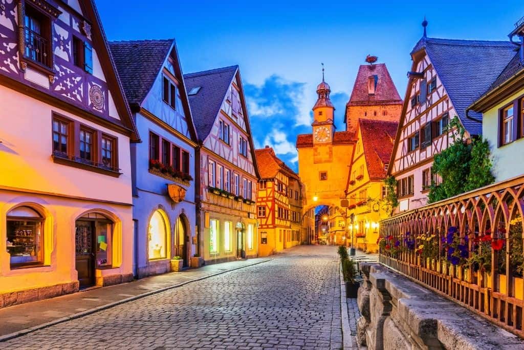 Evening shot of Rothenburg, Germany lit up at night