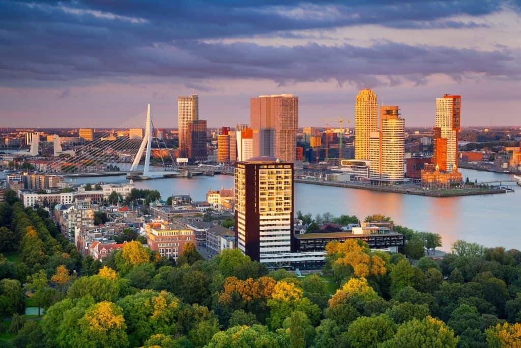 Aerial view of the city of Rotterdam at sunset
