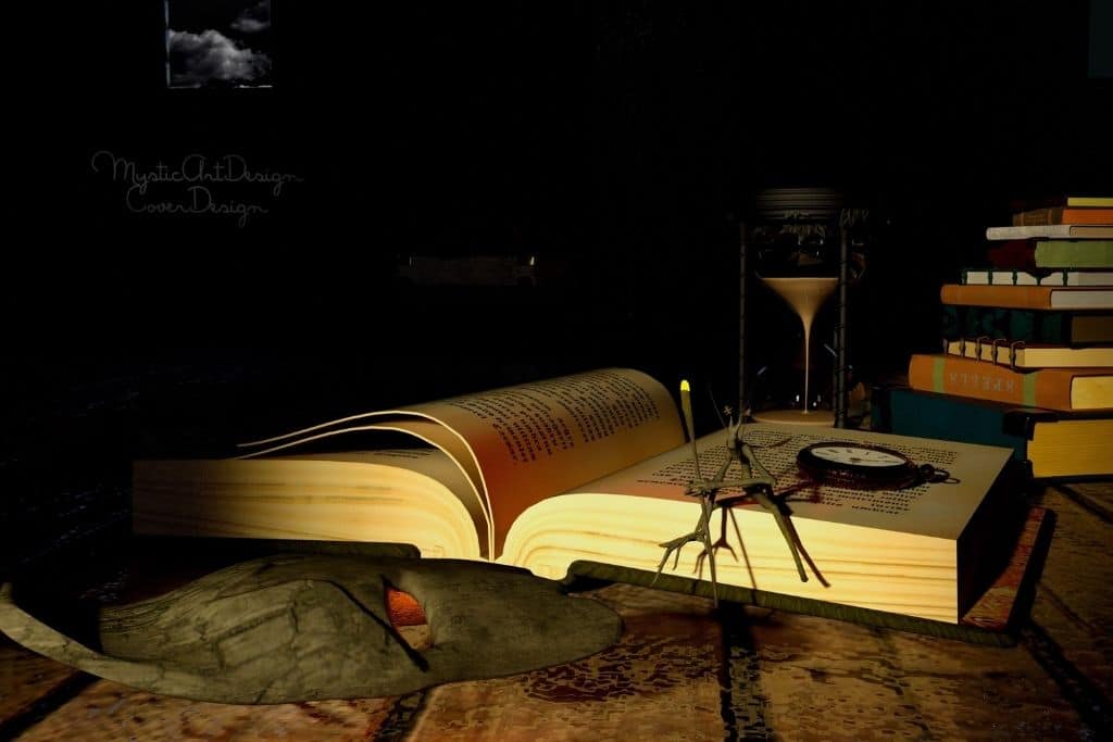 Large book in a dark room on a table