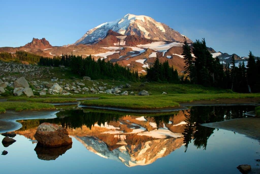 Reflection of snowy mountains in an alpine lake