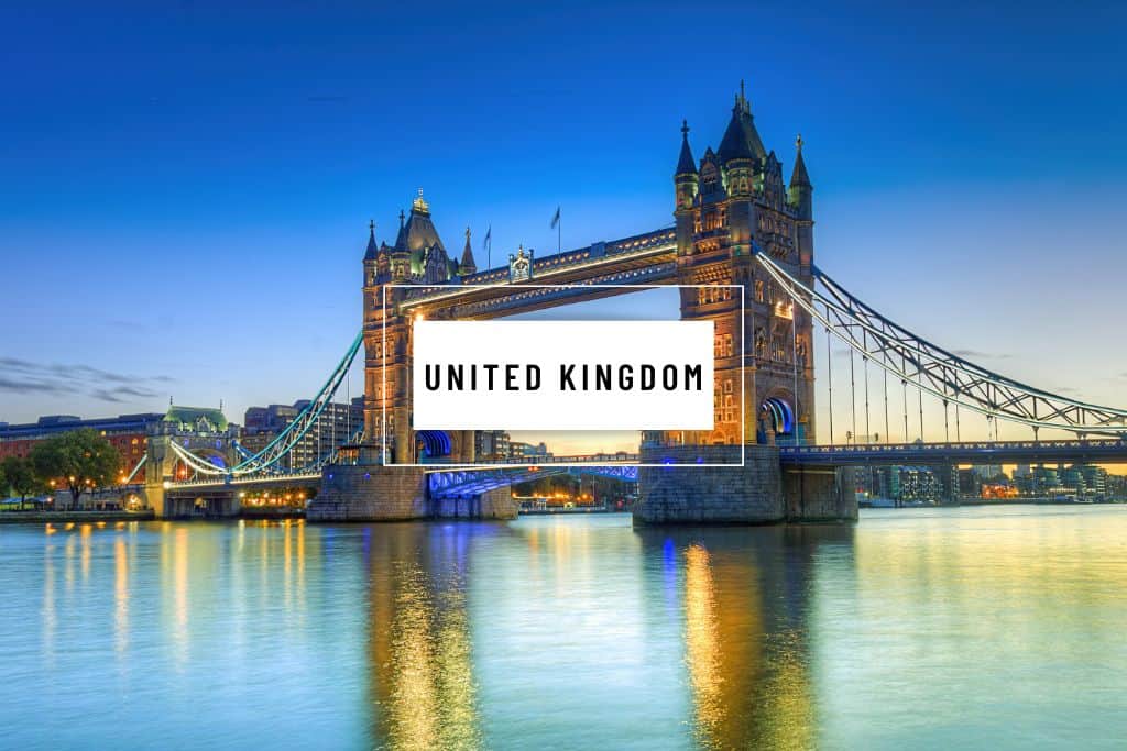 Tower Bridge in London with the words "United Kingdom" in a white box