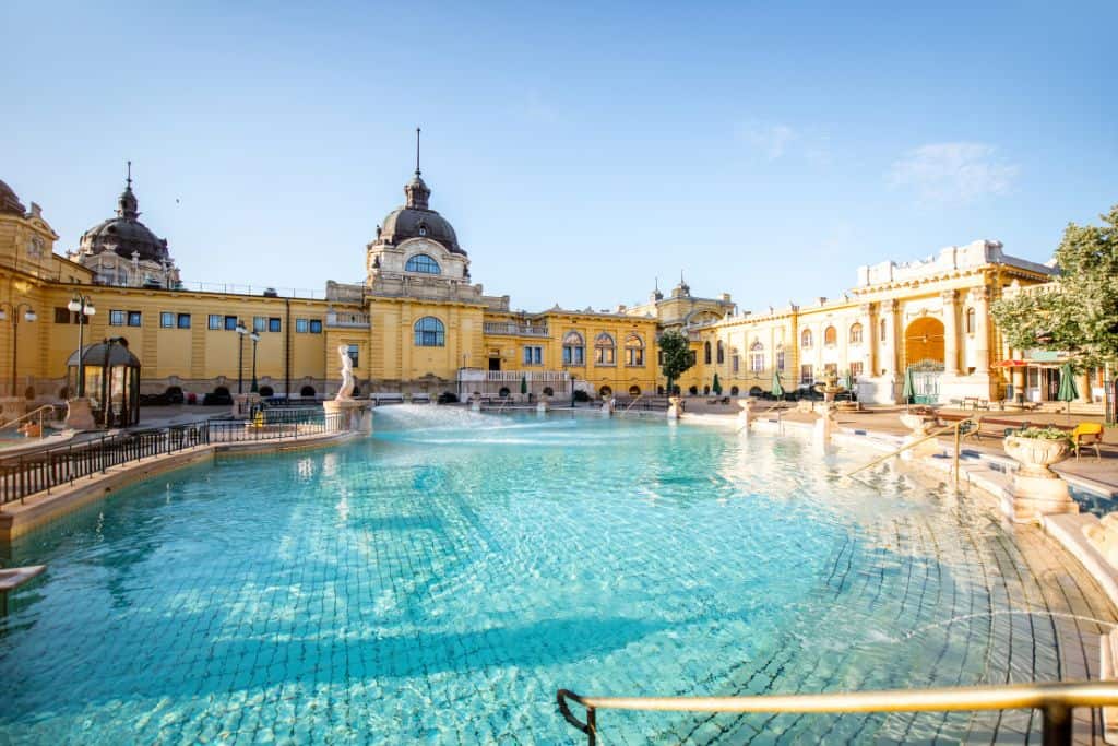 Széchenyi Thermal Baths in Budapest on a sunny day with nobody in the pools