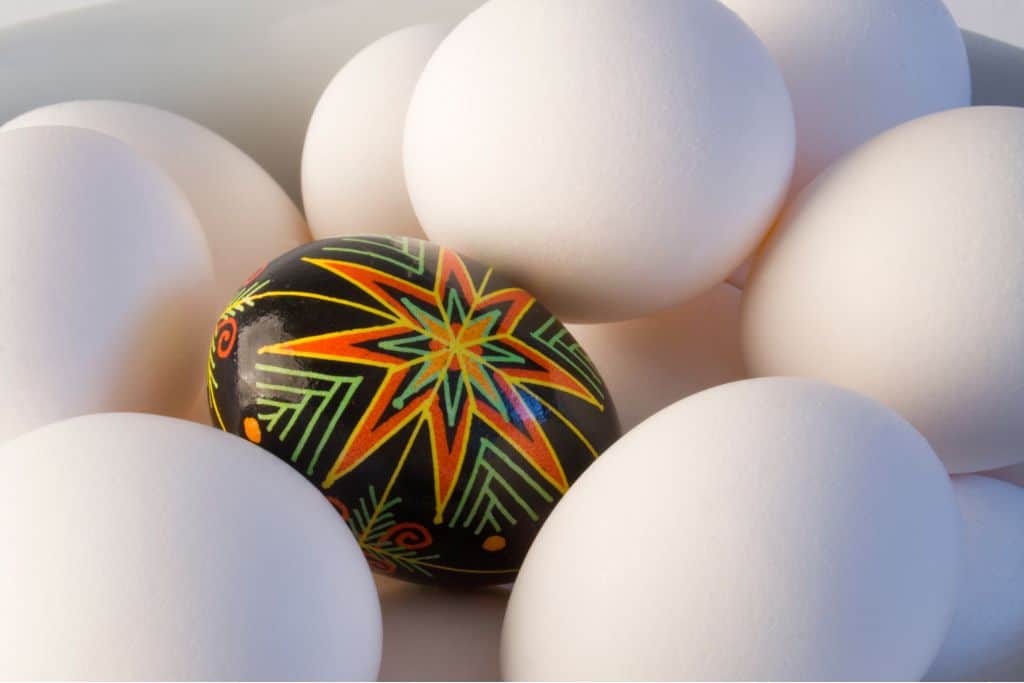 Bowl of white eggs with 1 black and orange painted egg in the middle