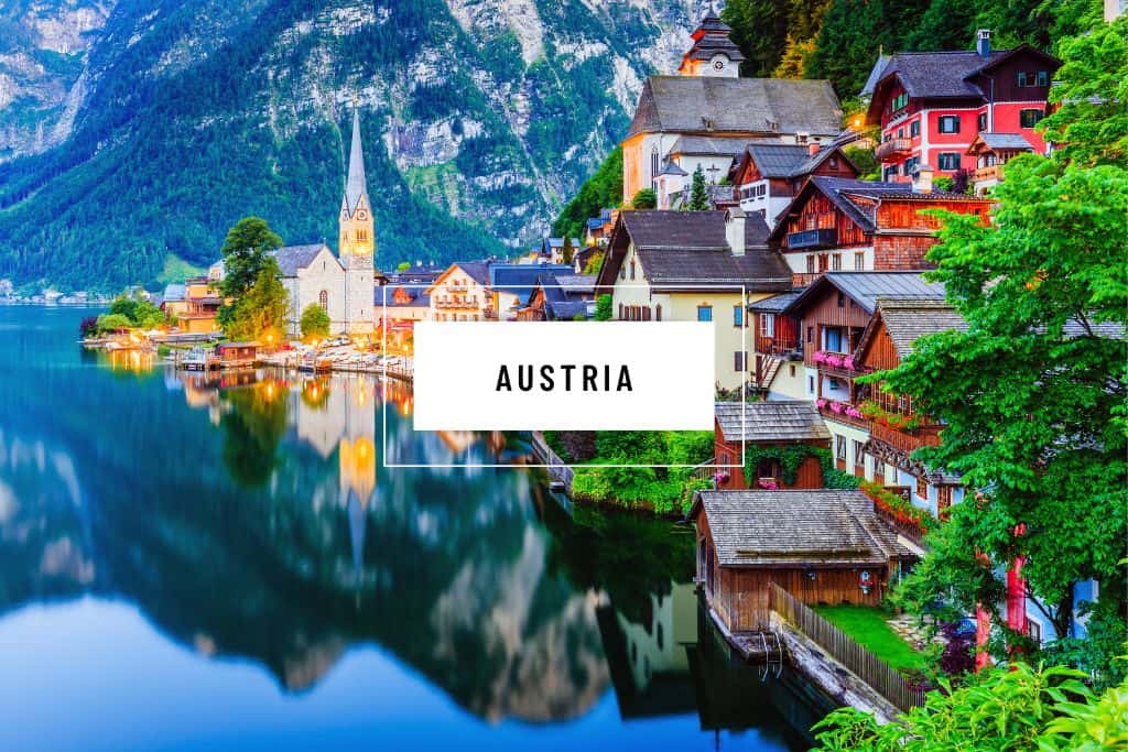 Hallstatt, Austria with the word "Austria" in a white box