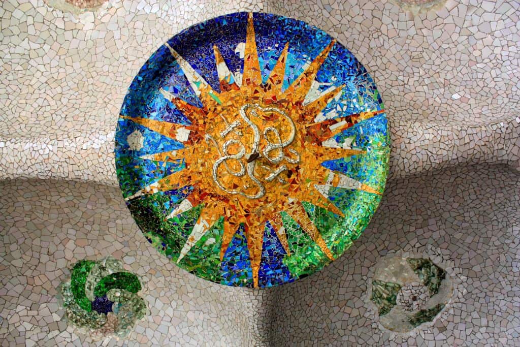 Colorful mural in Park Guell on a ceiling