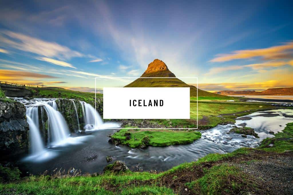 Kirkjufell Mountain in Iceland with the word "Iceland" in a white box