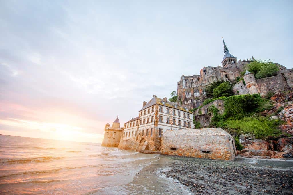 Side view of Mont Saint-Michel in France at sunrise