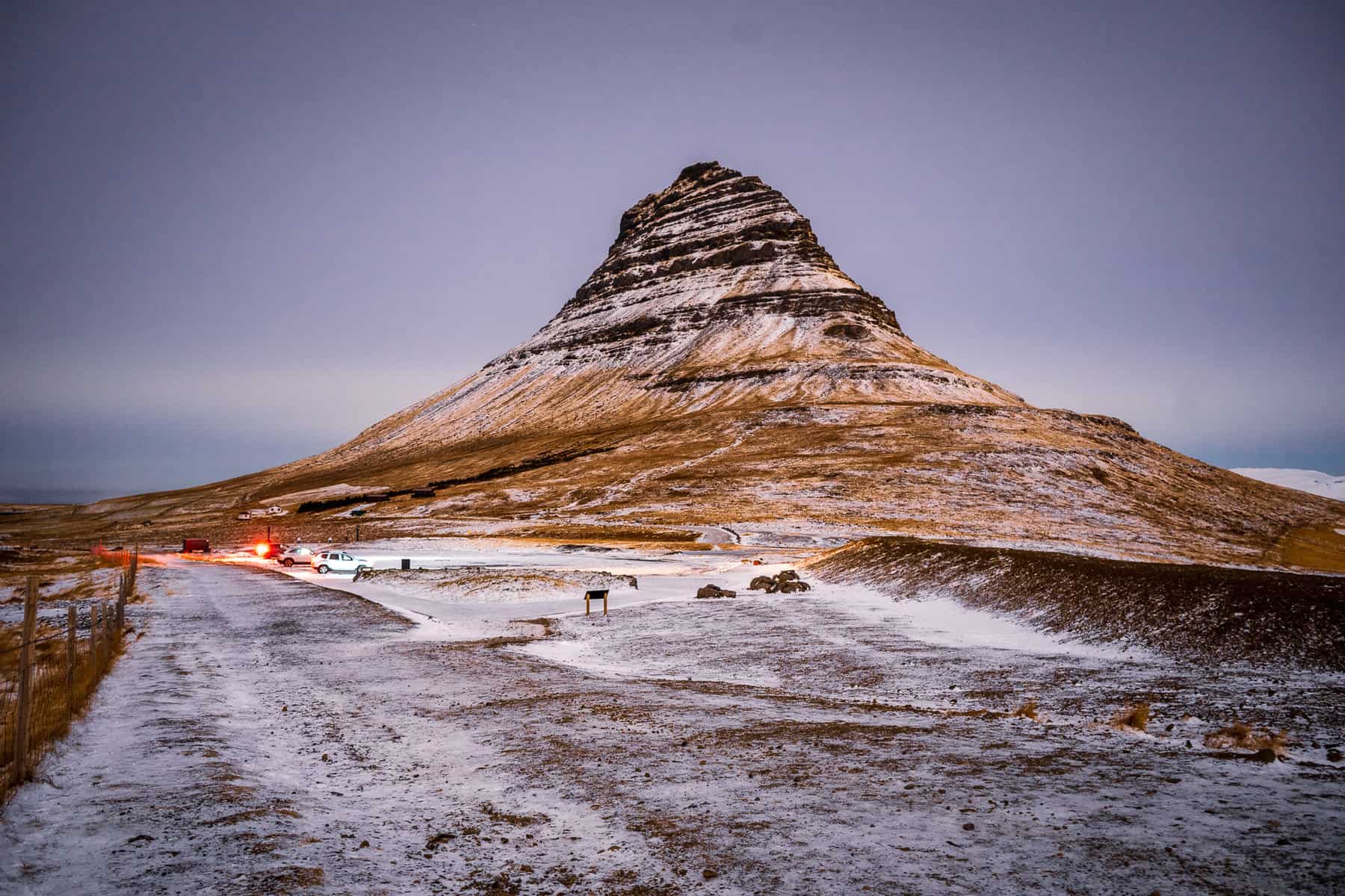 Mount Kirkjufell on a cloudy night in Iceland