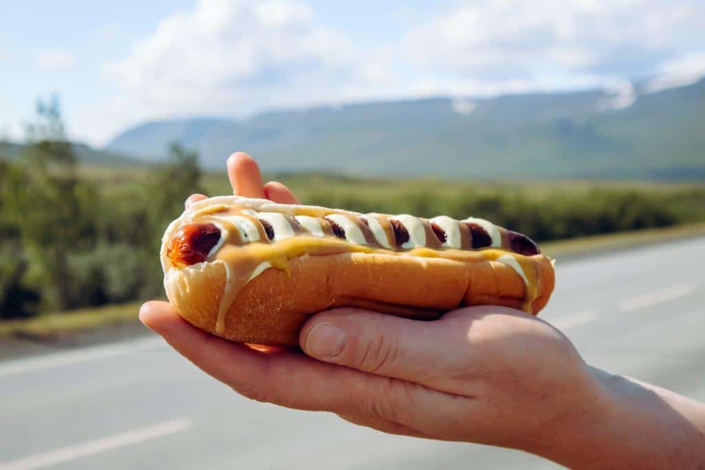 Hot dog with ketchup and Pylsusinnep, or Icelandic mustard