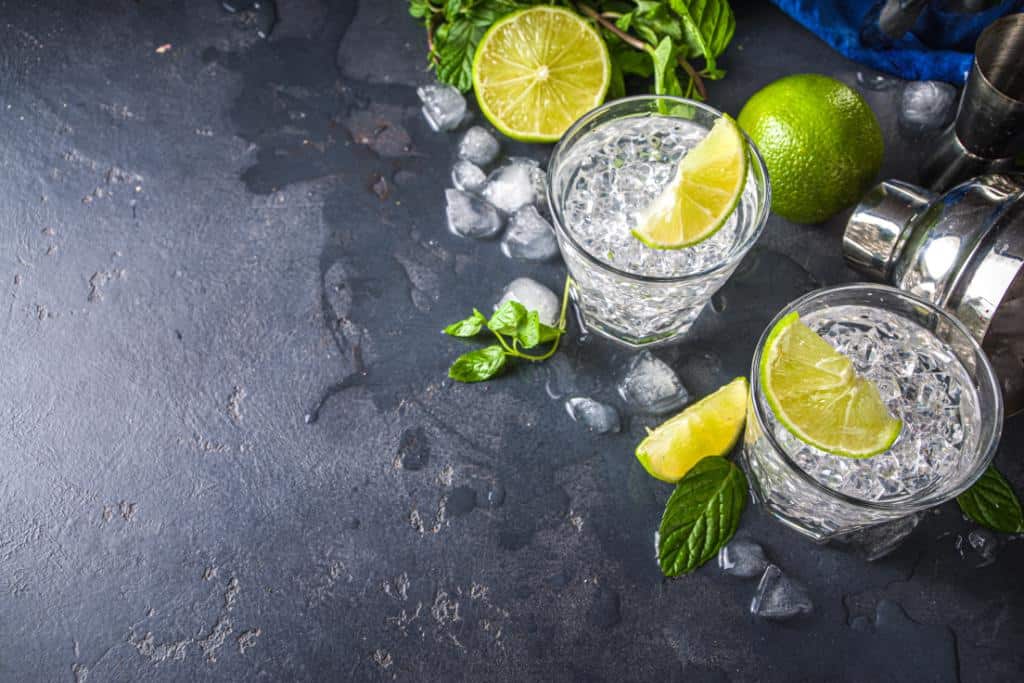 Two glasses of ice and clear liquid with lemon and lime wedges