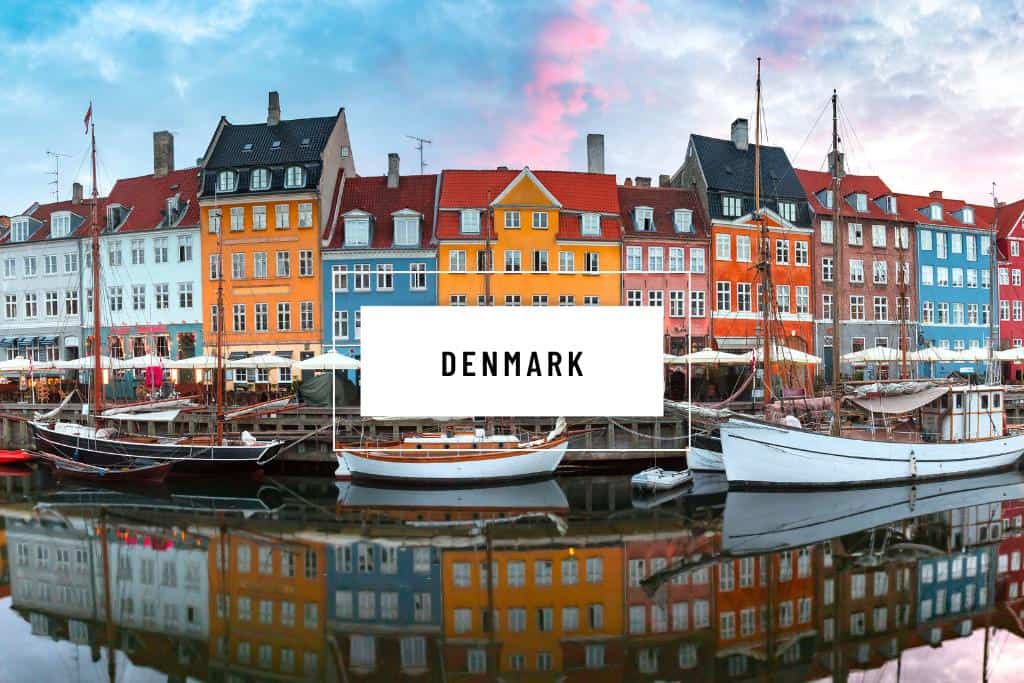 Copenhagen, Denmark with the word "Denmark" in a white box