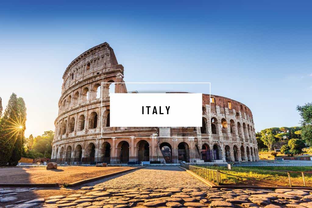 Colosseum in Italy with the word "Italy" in a white box