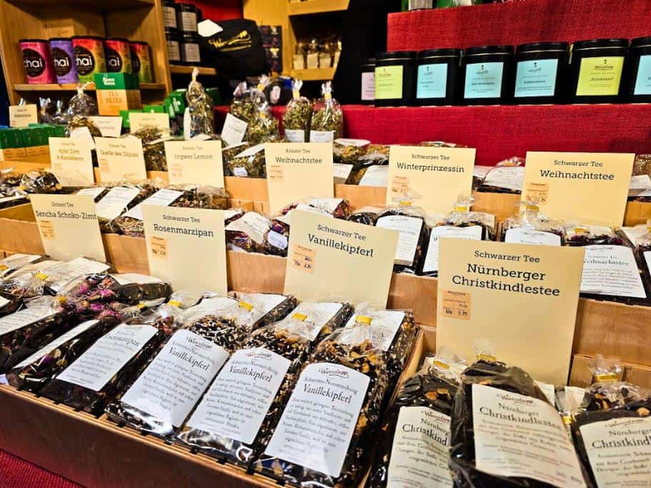 Display of local tea varieties in small bags
