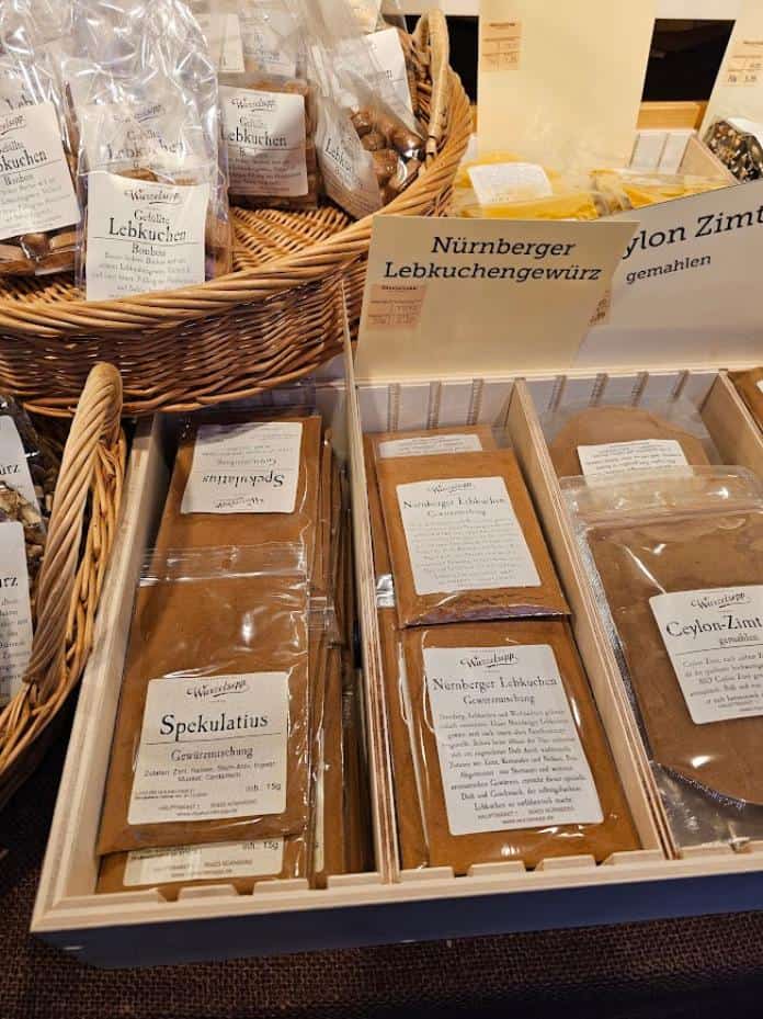 Display of Lebkuchen spices in baskets