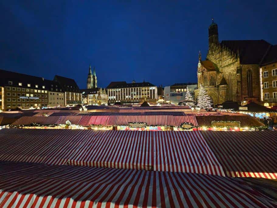 Mass of red and white tents at the Christkindlmarkt in Nuremberg