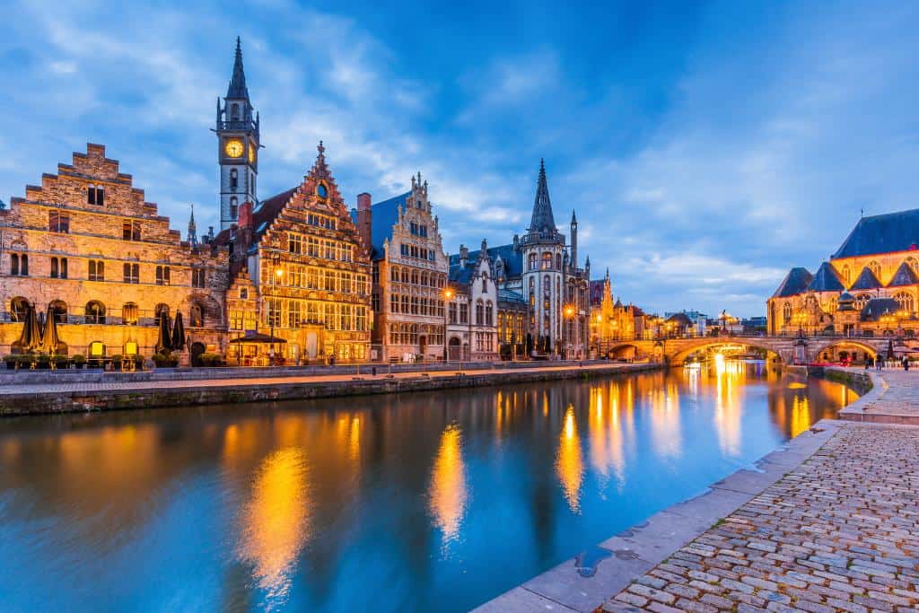 Canals of Ghent lit up at night