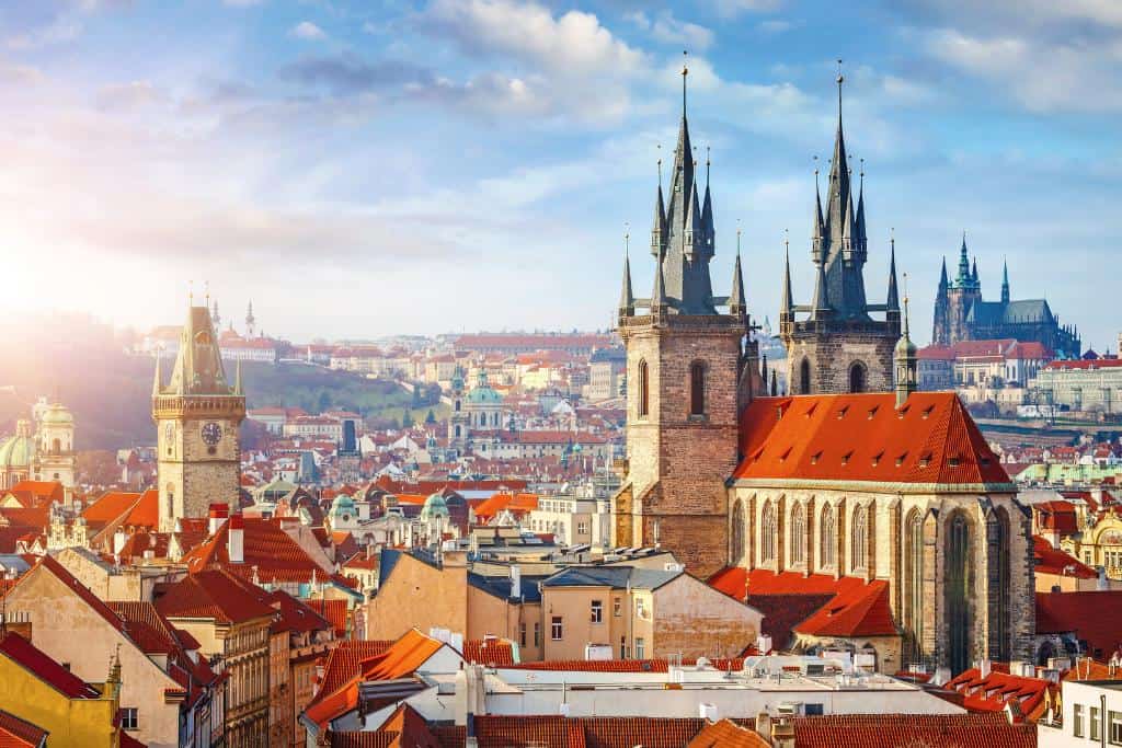 Prague's cityscape with the iconic Old Town Tower in view