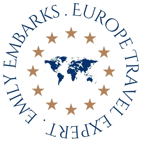 Emily Embarks logo with "Europe Travel Expert", the E.U.'s ring of stars, and a navy blue world map with a white airplane